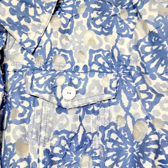 Ruby Rd Favorites Floral Sheer Button-Up Jacket Roll-Tab Sleeve Women’s 16P Blue - Picture 8 of 11